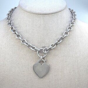 VTG Sterling Silver 925 Heavy Heart Tag Pendant Necklace Size 15.5" Length